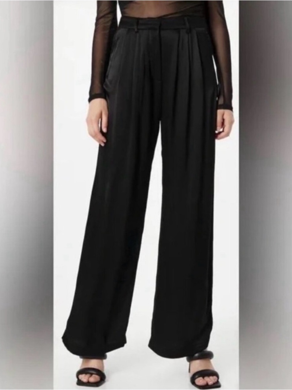 Bardot Lena Pin Tuck Wide Leg Pants Black Satin Viscose High Rise Size L NWT